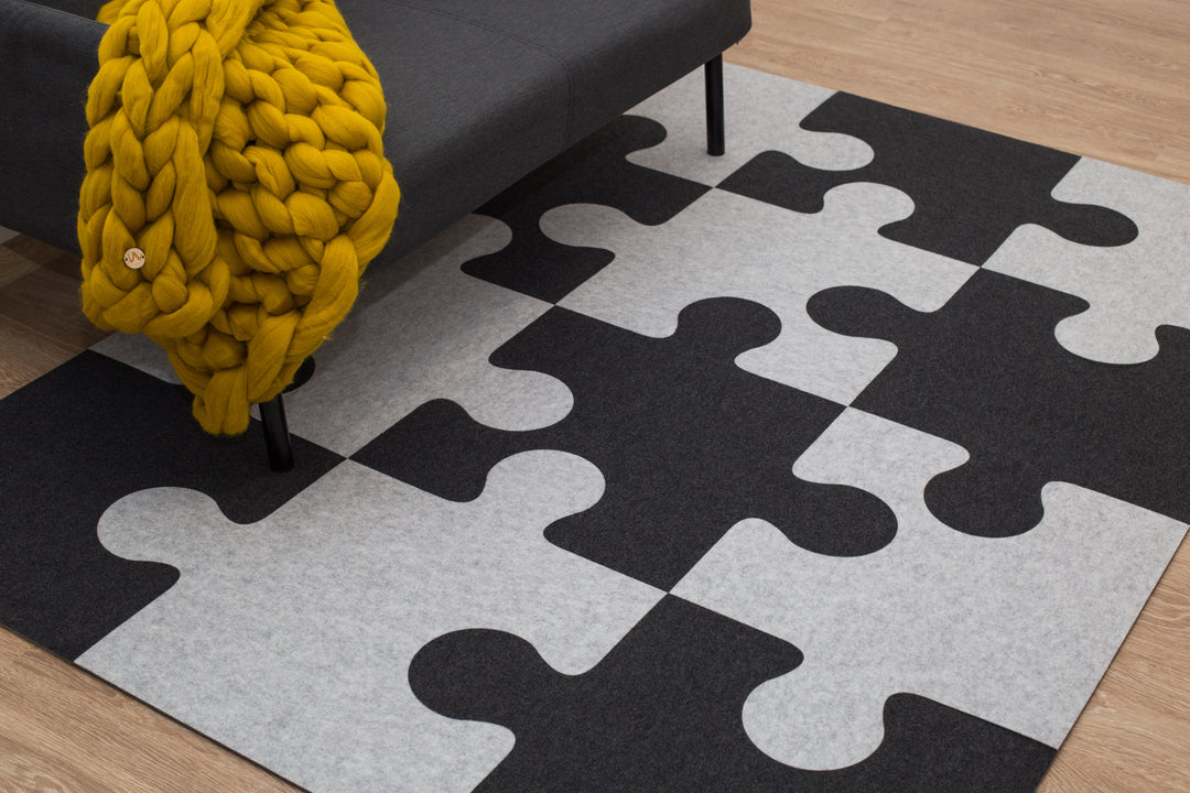 Quadratischer Puzzle-Teppich mit 12 Teilen (schwarz + hellgrau)