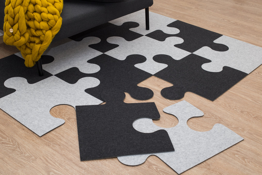 Square puzzle 12 piece rug (black + light grey)