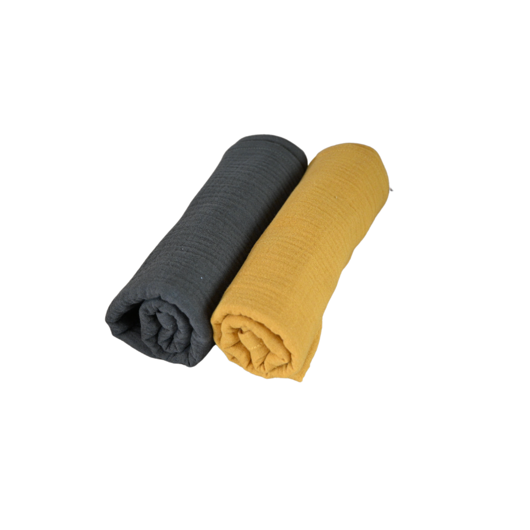 Set of 2 single layer muslin blankets (khaki + mustard)
