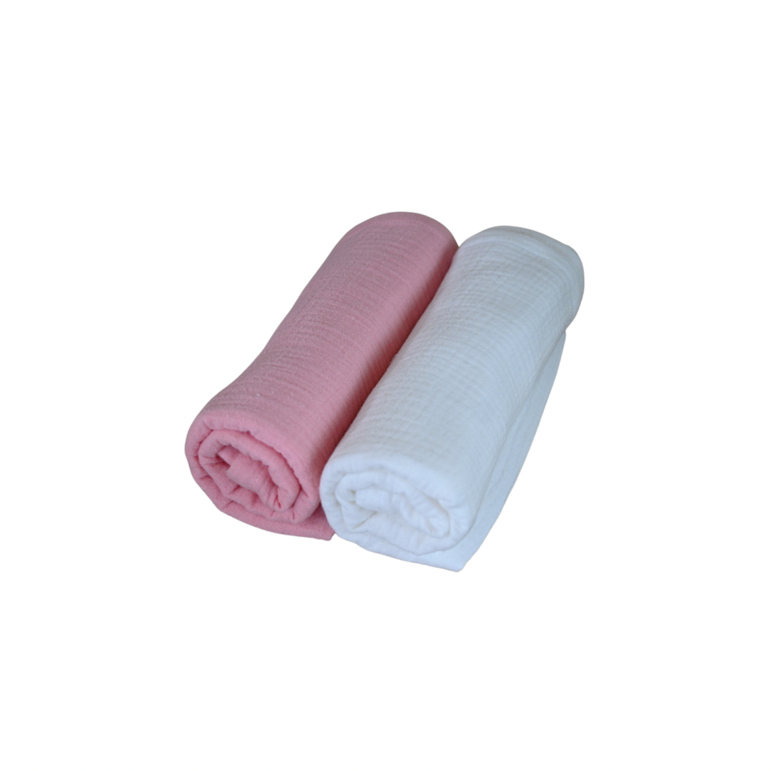 Set of 2 single layer muslin blankets (pink + white)